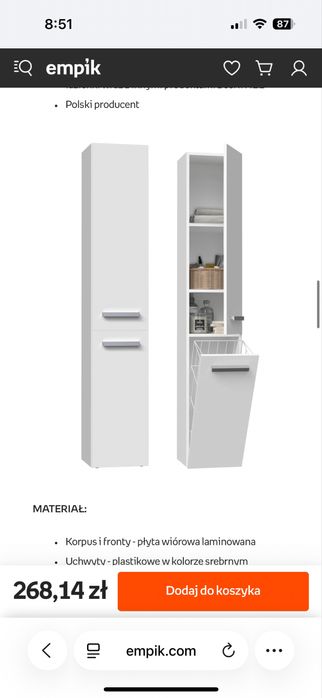 Słupek łazienkowy Nel IV Biały Połysk z drzwiami i koszem