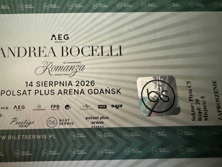 Bilety koncert Andrea Bocelli Gdańsk płyta przy scenie