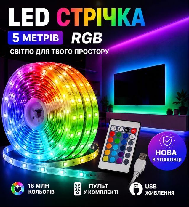LED стрічка RGB 5м з пультом USB | Підсвітка кімнати