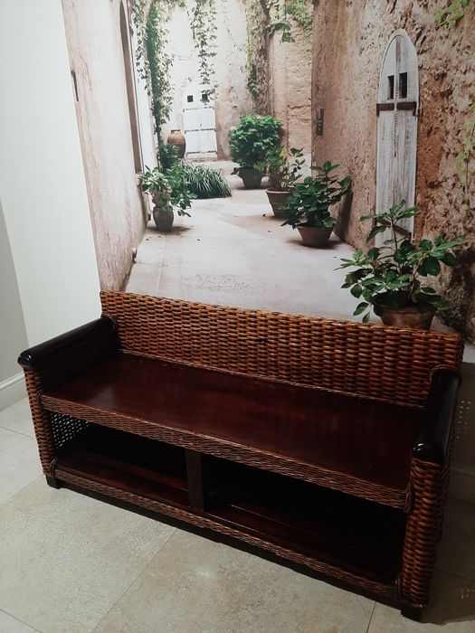 Ławka naturalny rattan + drewno