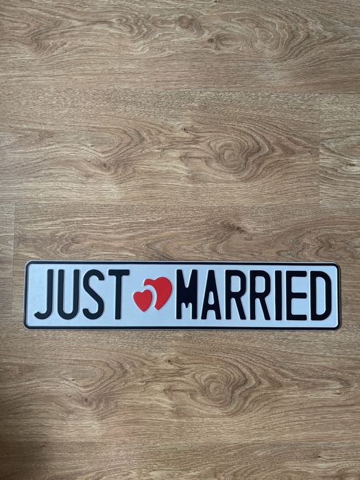 Tablica ślubna metalowa, tablica rejestracyjna just married