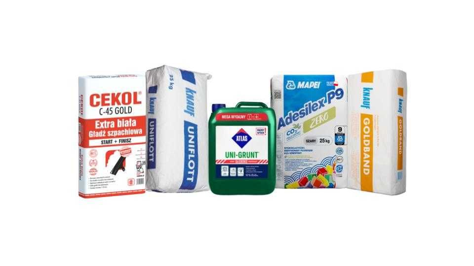 Knauf Uniflott, Goldband, Atlas Uni-Grunt, Adesilex P9 zero, Cekol C45