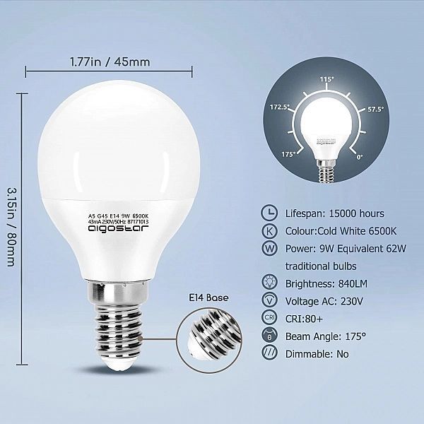 Zestaw 5x Żarówka LED E14/9W G45 Zimna Biel 6500K Aigostar Kulka Mocna