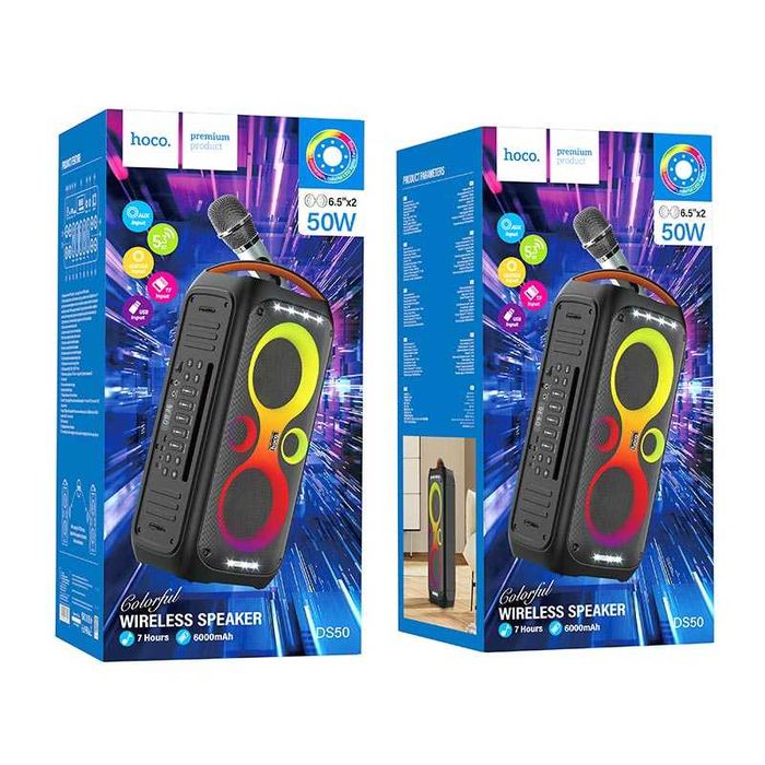 Акустика-караоке блютуз громкий стереозвук подсветка 50 Вт HOCO DS50