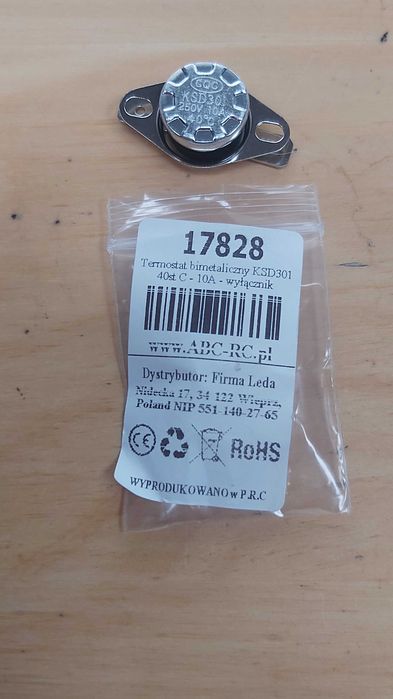 Termostat bimetaliczny KSD301 40st C - 10A - wyłącznik termiczny - NC