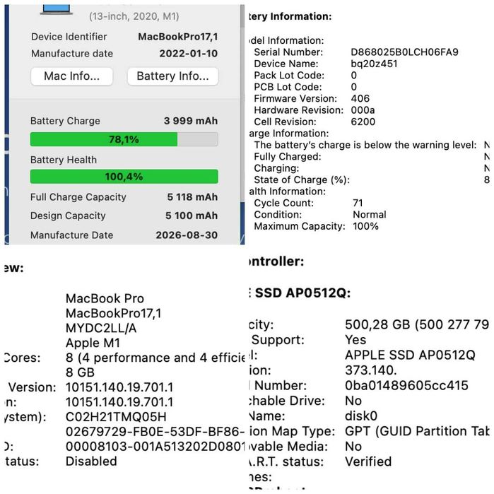 MacBook Pro 13 M1  2021 8GB 512GB 100% батарея, как новый, бонусы