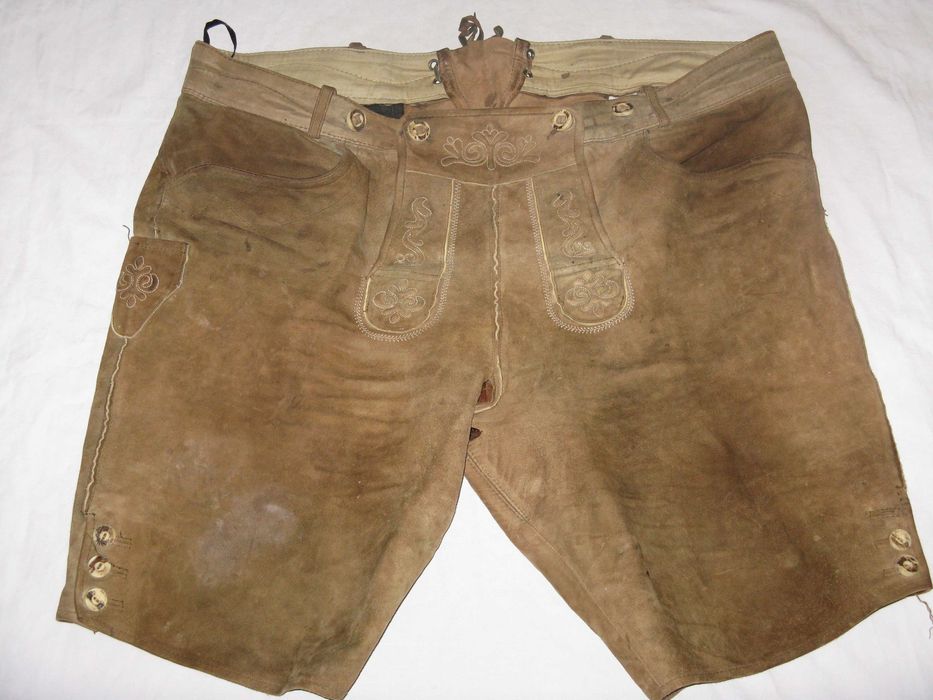 spodenki tyrolskie bawarskie duże 58 XXL 3XL Stoiber skórzane brązowe skóra Oktoberfest lederhosen spodnie szorty pas 112-118cm