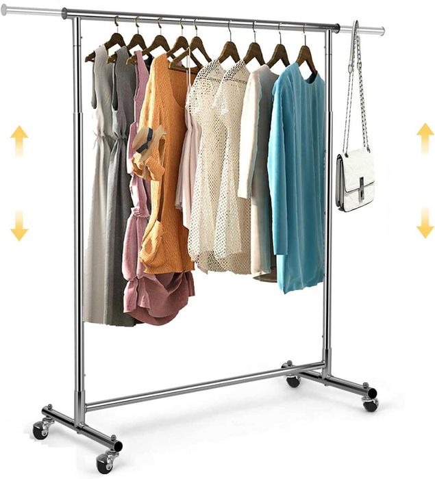 Estendal de Roupa com Rodas Cromado | Cabideiro Ajustável e Extensível 90–132cm | Altura Regulável 113–170cm | Suporte de Roupa com Rodízios