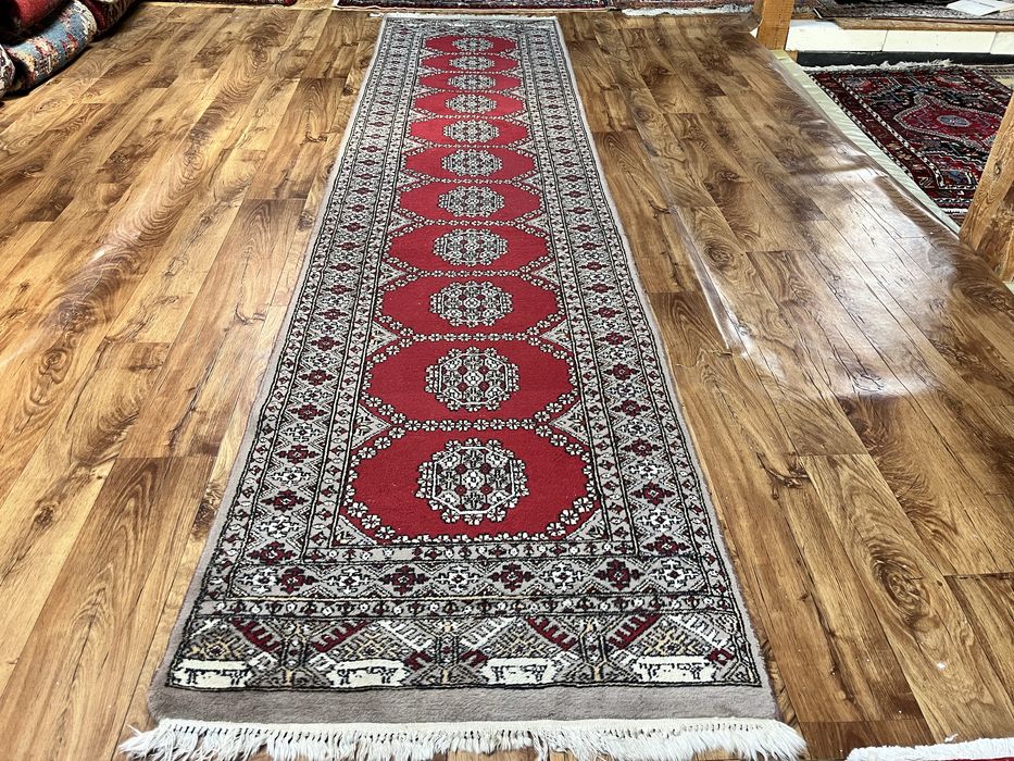 Śliczny pakistański ręcznie tkany welniany sygnowany chodnik 80x353cm