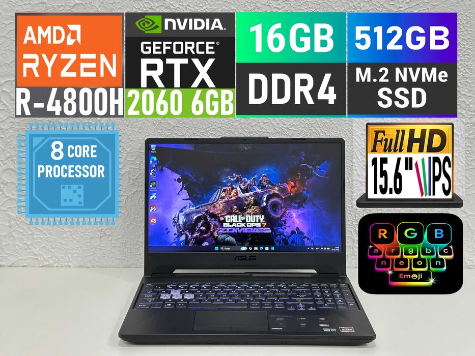 Ігровий Asus TUF F15/RGB/8(16)ядра/R7-4800H/16gb/512gbSSD/RTX 2060 6GB