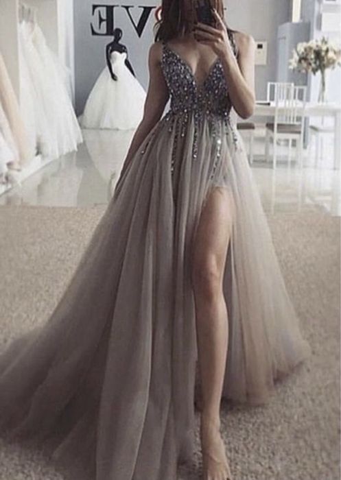 Piękna Suknia ślubna Pudrowy róż  beżowa z kryształkami XS