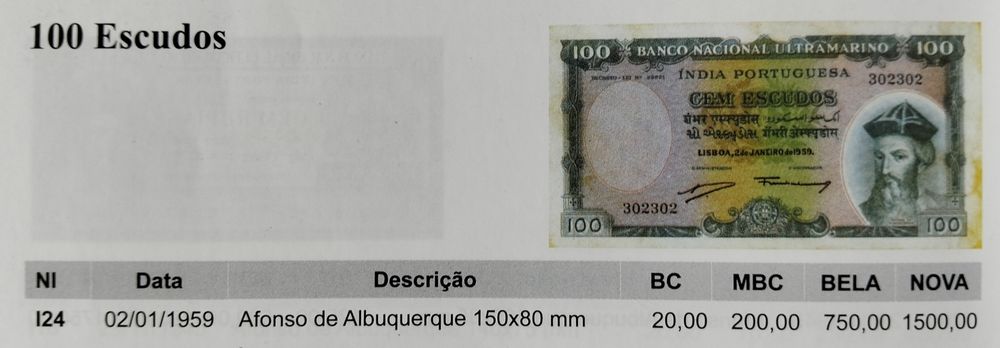 Nota 100$ 1959 Índia Portuguesa Excelente Estado Rara