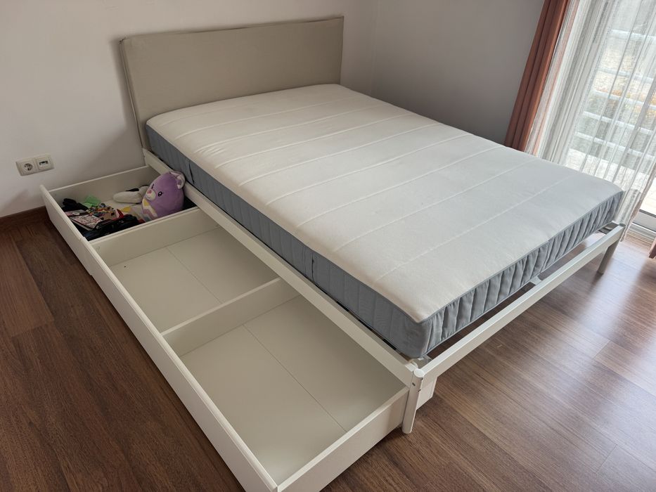 Ikea cama de casal 140x200 com colchão com caixas arrumaçao nouvo