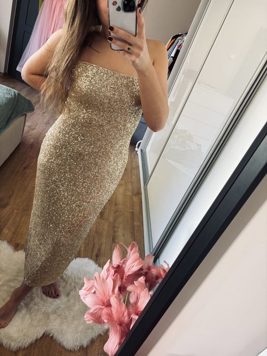 Złota sukienka długa midi asos nowa cekinowa andrzejki sylwester