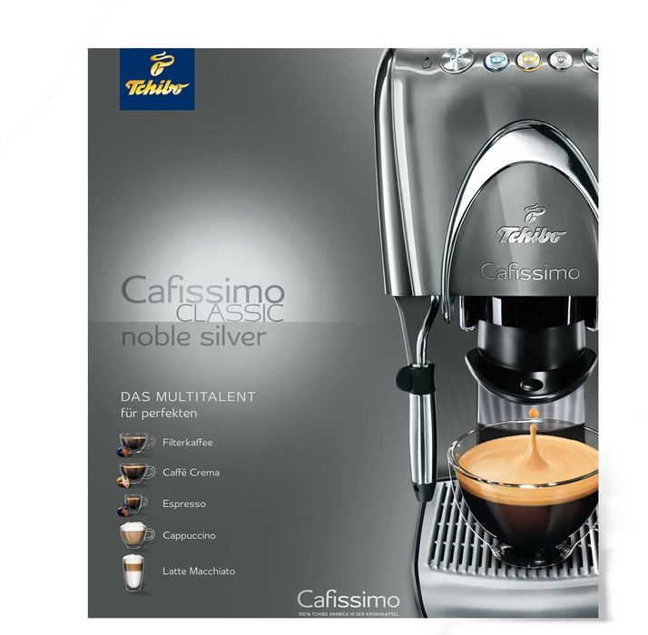 KOMPLET: Ekspres Tchibo Cafissimo CLASSIC + stojak + kapsułki (96szt.)