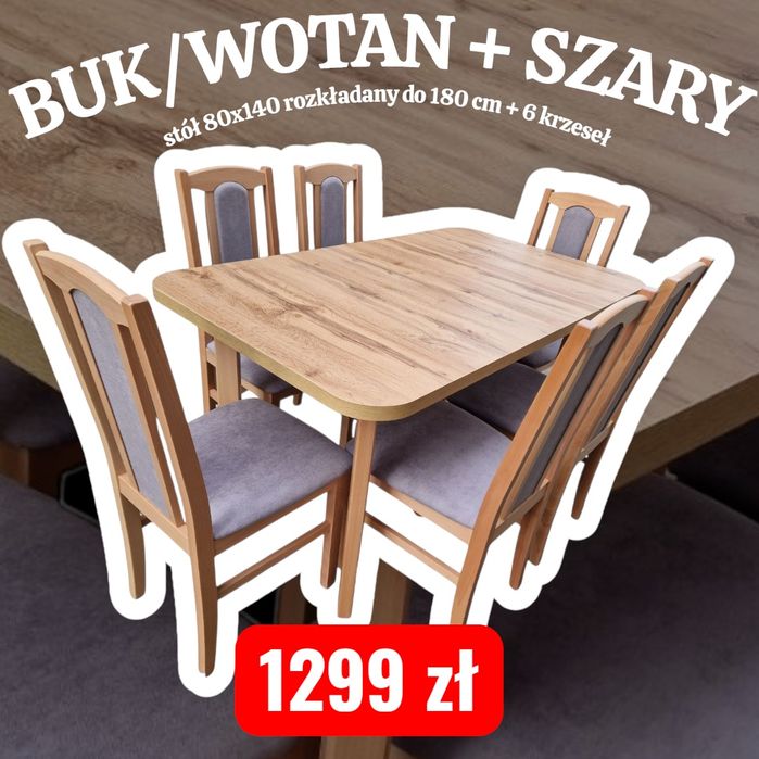 Nowe: Stół 80x140/180 + 6 krzeseł, 48 kolorów od ręki,  dostawa cała P