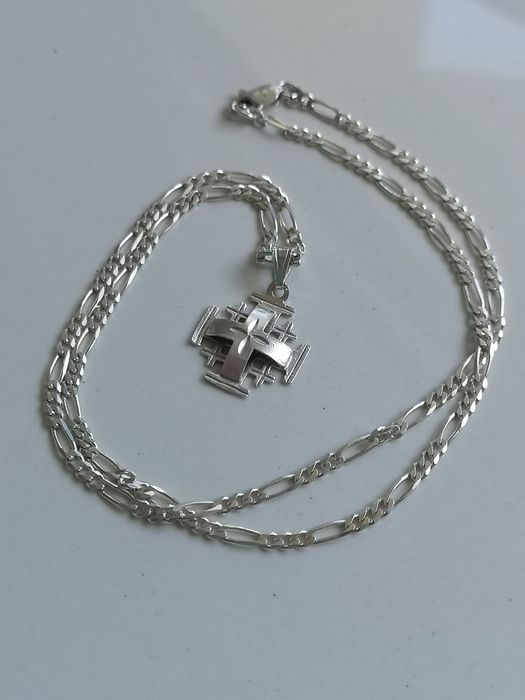 zawieszka krzyż jerozolimski na łańcuszku srebro vintage