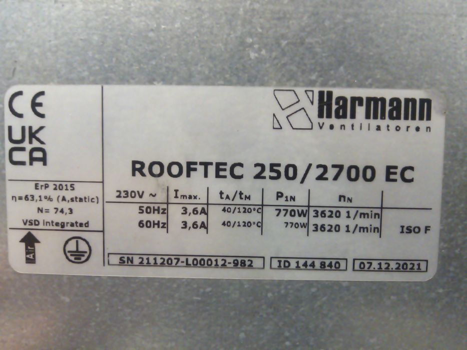 wentylator dachowy Harmann Rooftec 250/2700EC