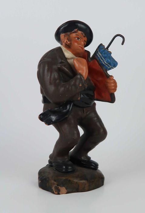 Paliteiro Zé Povinho com guarda chuva em faiança das Caldas (raro)