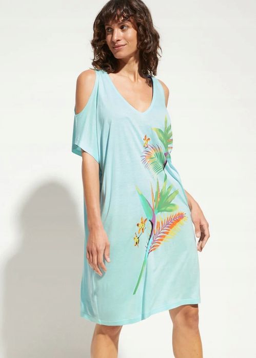 B.P.C sukienka tunika plażowa turkusowa z nadrukiem odkryte ramiona r.