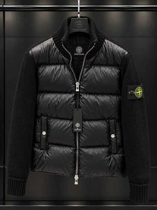 Куртка Stone Island чорна стьобана з в'язаними рукавами і патчем євро-зима (S-XXL)