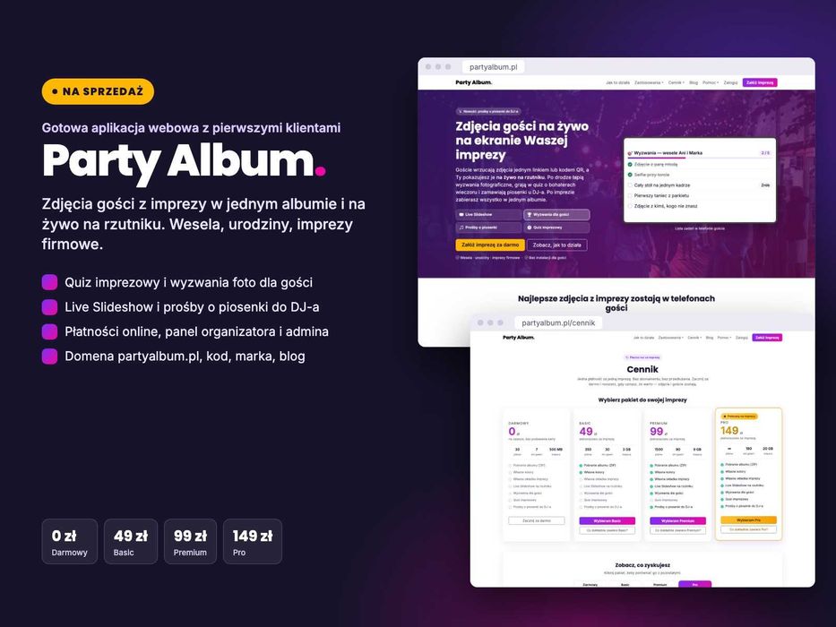 Gotowy biznes online na wesela i imprezy: partyalbum.pl – album gości z kodem QR, Live Slideshow, quiz. Pełny kod + domena + marka