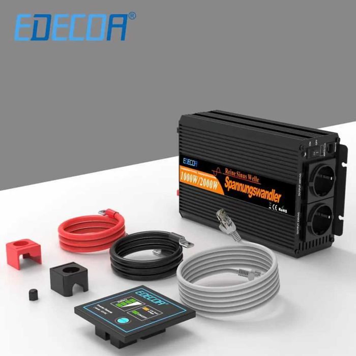 Інвертор Edecoa 12-230v 1000/2000w чистий синус (пульт ду/дві розетки)