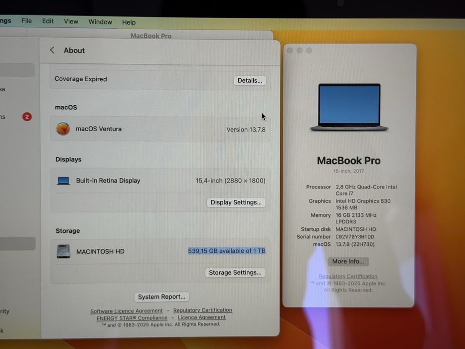 Macbook Pro 15” i7 Quad-core Touchbar 1TB SSD 16GB RAM Radeon Pro 560 Graphics 4GB