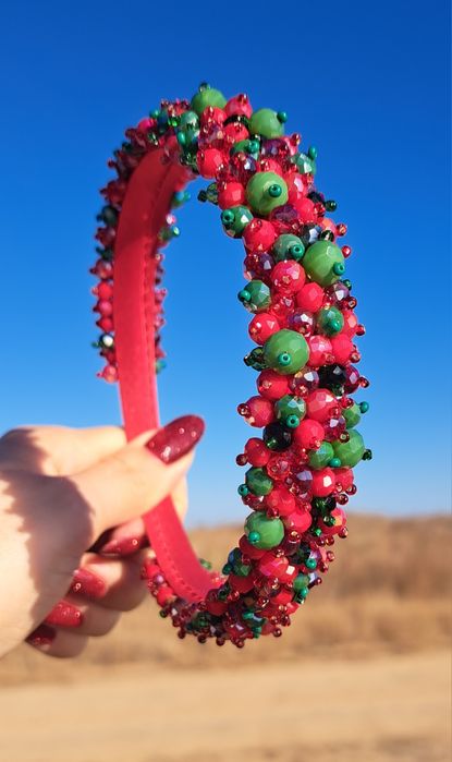 Обідок під вишиванку, сукню. Червоно-зелений обідок ручної роботи.