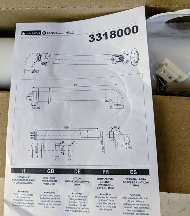 Kit de Exaustão Coaxial Ariston 60/100 (Ref. 3318000) - Importado / Novo em Caixa