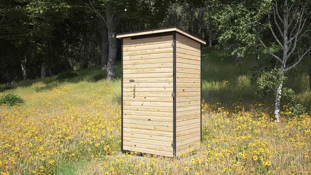 Drewniana toaleta ogrodowa WC podwórkowe wychodek sławojka na zewnątrz bez kanalizacji wolnostojąca leśna ekologiczna z drewna