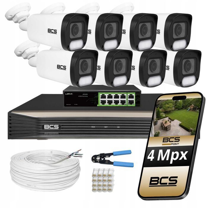 Zestaw monitoringu domu z analityka AI 8 kamer kolor w nocy IP PoE 4Mpx BCS