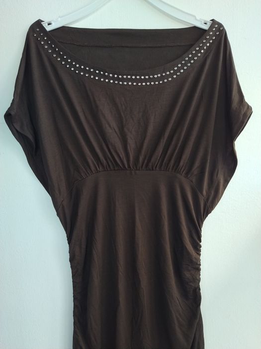 Túnica / Blusa comprida castanha – Manga morcego e franzidos com tachas Y2K - Tamanho XL