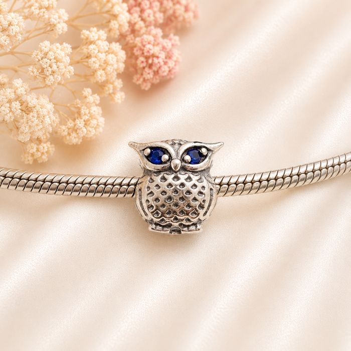 Sowa Charms Srebro S925 z Niebieskimi Cyrkoniami | Styl Pandora