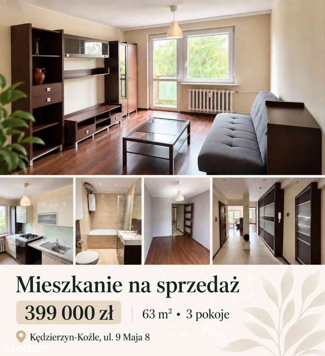 3-pokojowe mieszkanie 63 m² z balkonem i piwnicą – ul. 9 Maja 8