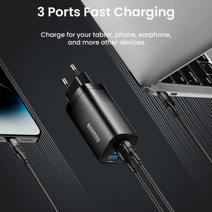 Надійна Швидка Зарядка Asometech 65W GaN USB 2C+U. Зарядка для ноутбука. Зарядка для телефону. Samsung iPhone 17 16 15 14 13 Pro MacBook
