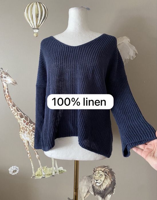 Lniany granatowy ażurowy sweter Part Two sweter z lnu oversize