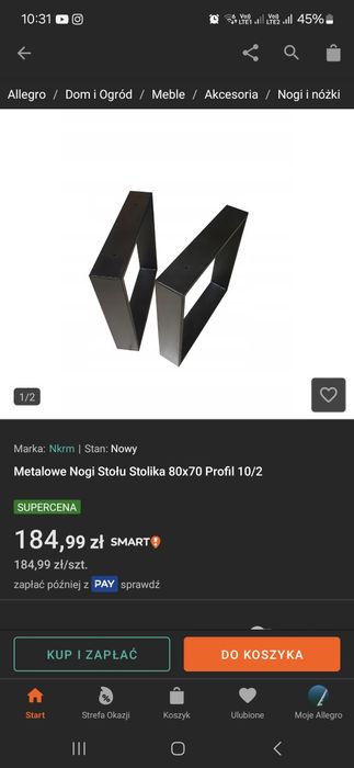 Nogi metalowe loft 80cm na 72cm. Profil 10cm na 2cm 10/2