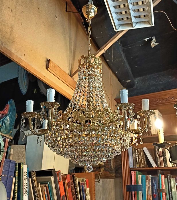 Lustre Dourado Banho Ouro Cristal 14 Lâmpadas