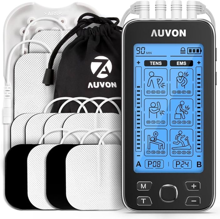 AUVON 4 виходи TENS Unit EMS Miostimulator Aparat для знеболення з 24 режимами електричного імпульсного масажера, електроди 2" та 2"x4"