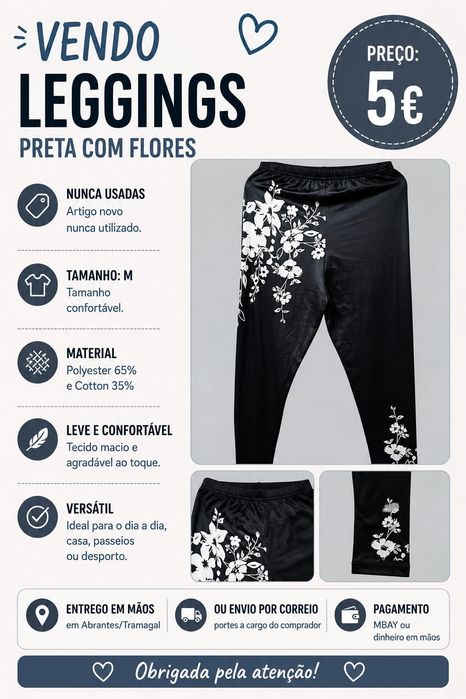 Leggings Preta Desenhos de Flores