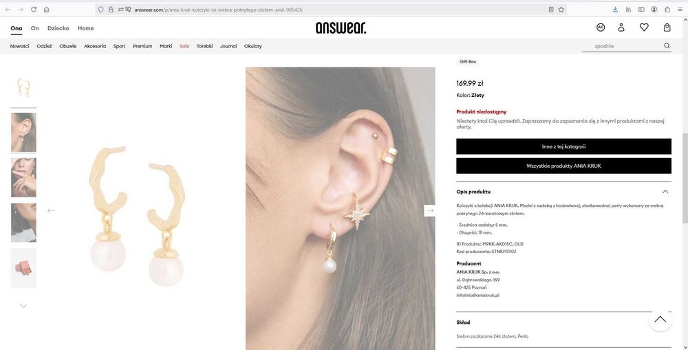 Kolczyki srebrne pozłacane z perłami naturalnymi Ania Kruk