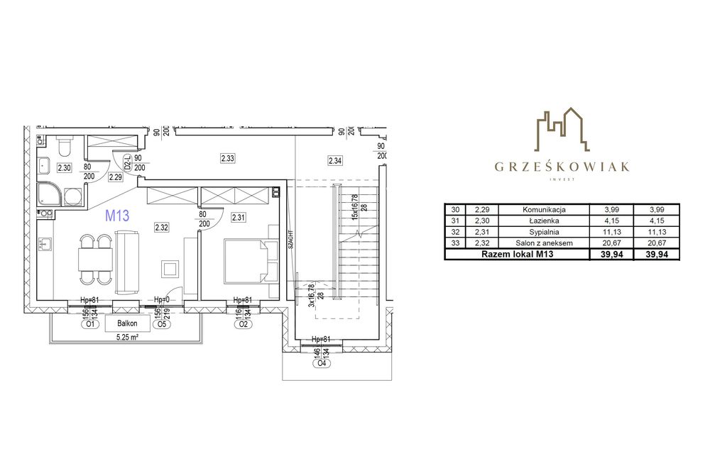 Mieszkanie nr 13 - 39,94m2 | 1 sypialnia | balkon
