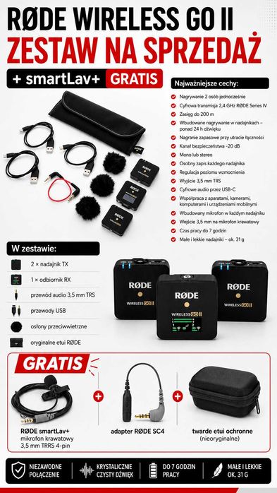 RODE Wireless GO II /2 nadajniki + 1 odbiornik + GRATIS mic krawatowy Rode smartLav+ /twarde etui.