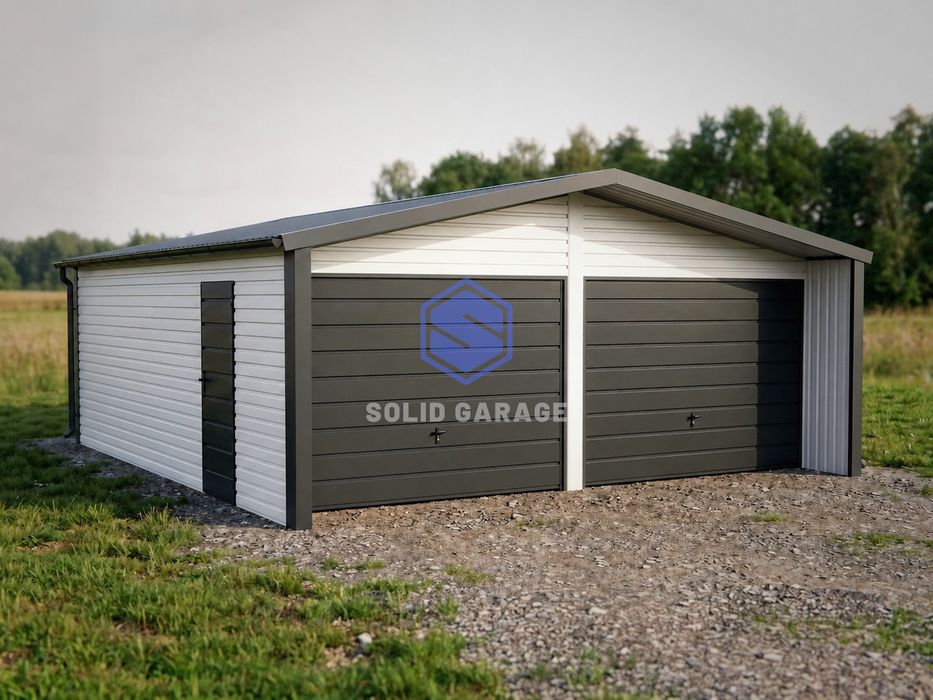 Garaż 6x5,5m blaszany brama uchylna dwustanowiskowy grafitowy garaz na wymiar dostawa nowoczesny wypust dachu na rąbek stodoła akrylowy drewnopodobny