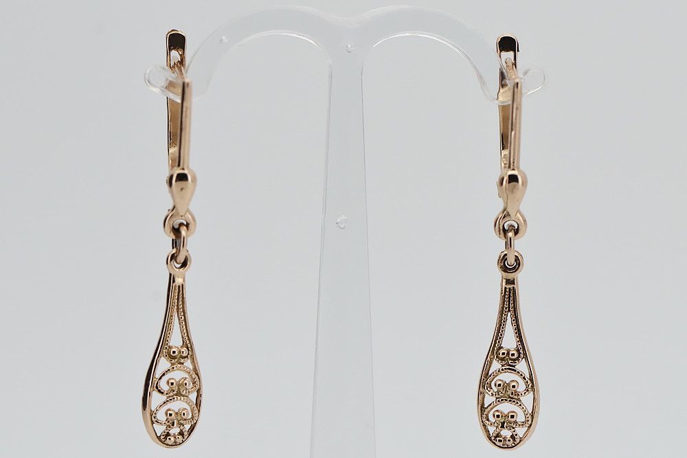 Rosyjskie różowe złoto kolczyki listki 14k 585 ZSRR Vintage ven239