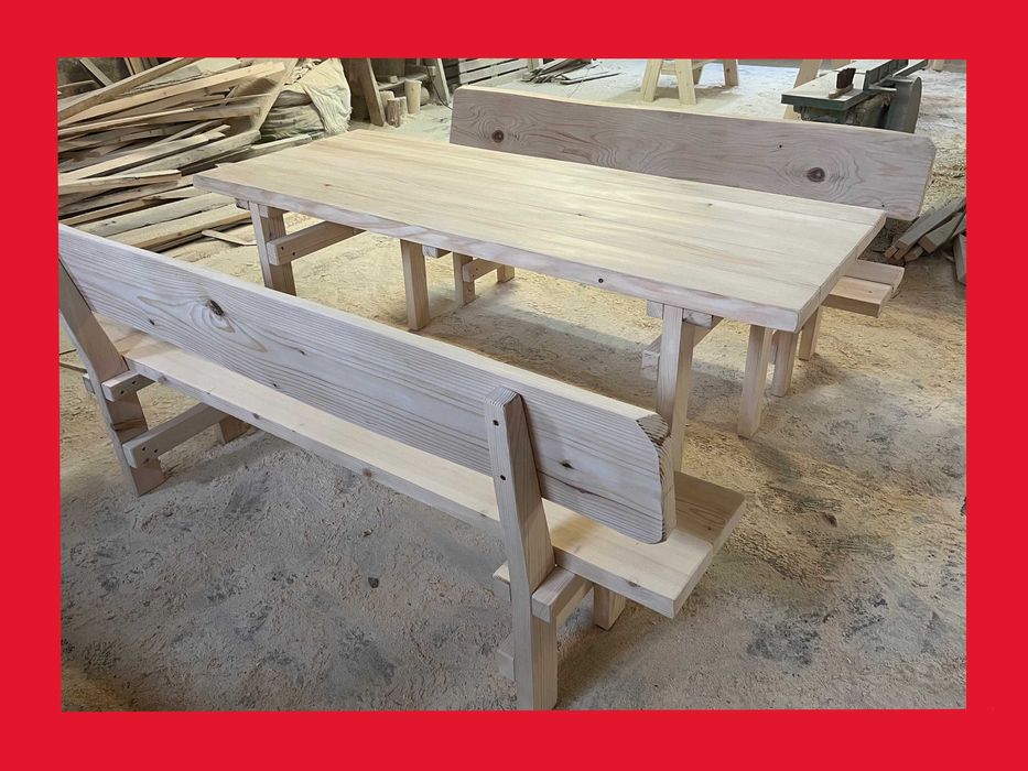 Drewniane meble ogrodowe | stół i dwie ławki | komplet OSTOJA