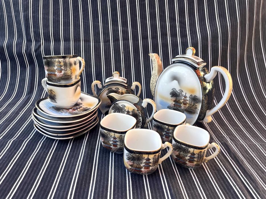 Antigo Serviço de Café Japonês Art Déco (Pintado à Mão) – Completo 5+1