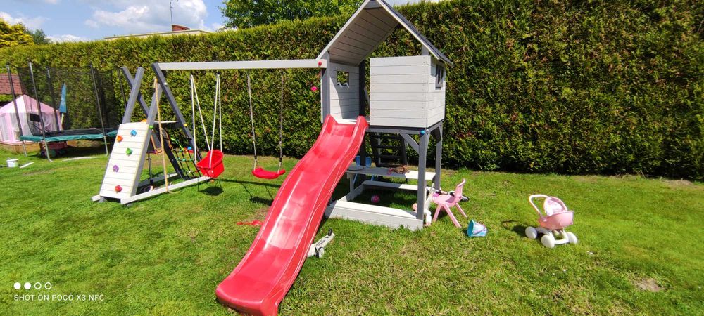 Drewniany plac zabaw, huśtawki, wspinaczka, zjeżdżalnia, domek, MONTAŻ