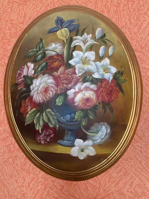 2 owalne obrazy medakiony - kwiaty